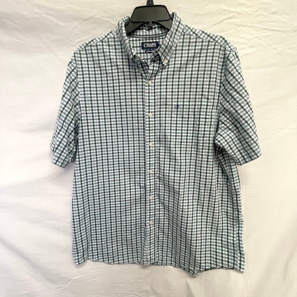 Chaps Easy Care Blue Green White Check Short Sleeve Men's Shirt XL